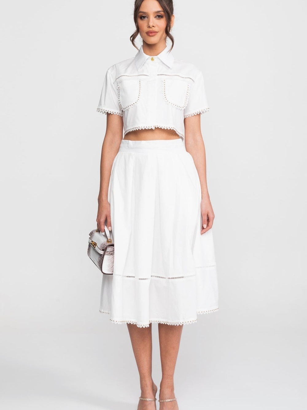 White Cropped Eyelet-Trim Button Shirt
